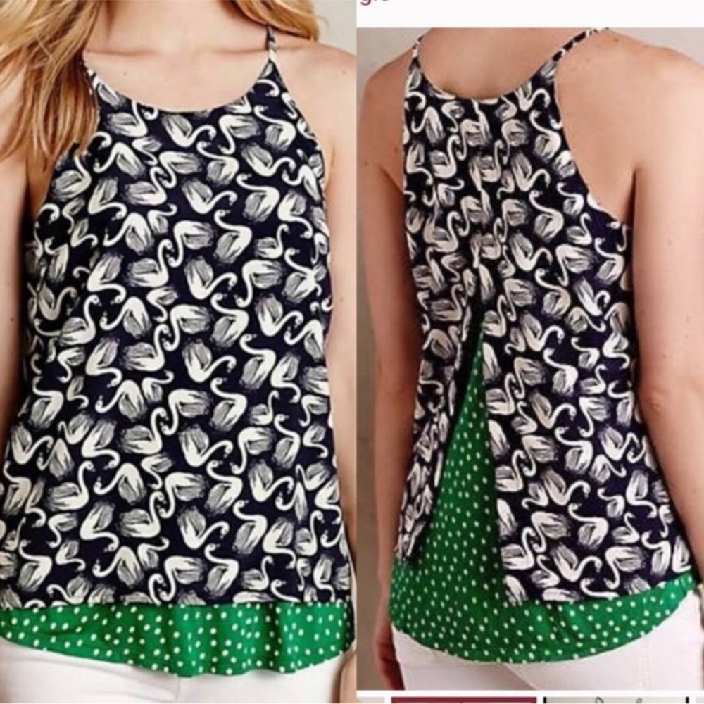 Anthropologie porridge Navy and Green Tank Top with Swan Design sz S